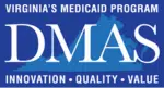 Logo of Virginia's Medicaid Program, DMAS, featuring bold letters 'DMAS' in white on a blue gradient background. The words 'INNOVATION - QUALITY - VALUE' are displayed below in a curved banner, highlighting the program's core values.